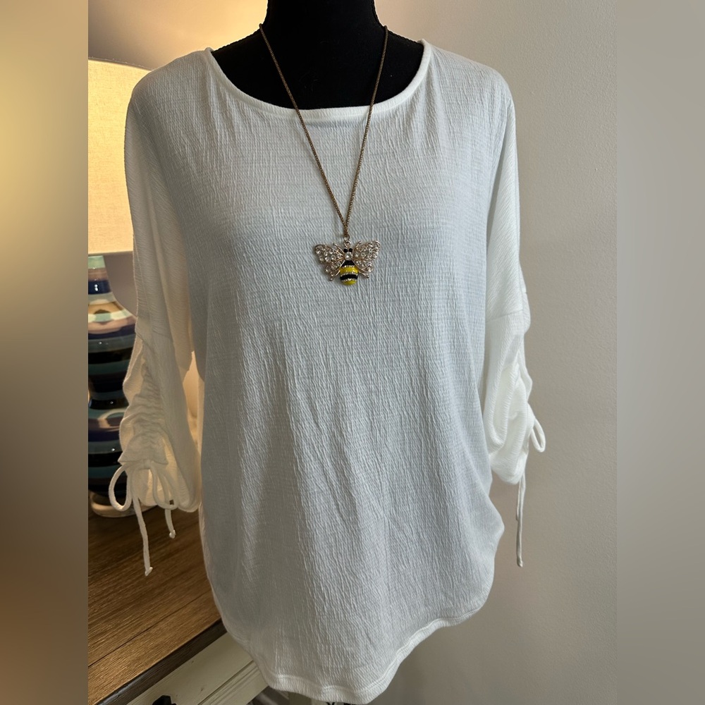Anneliese White Ruched Drawstring Sleeve Top - Size L